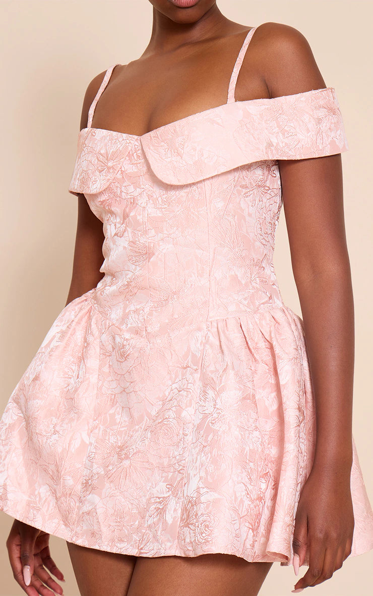 Blush Jacquard Bardot Shift Dress