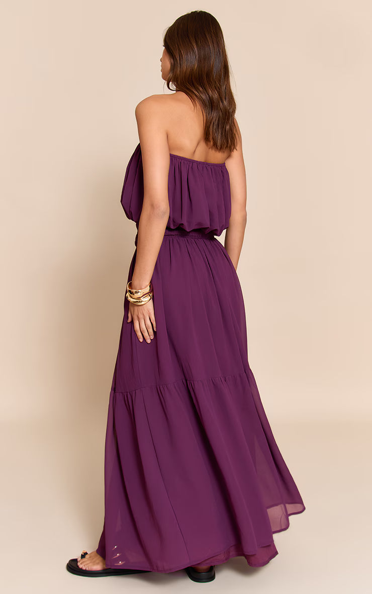 Purple Chiffon Bandeau Sheered Waist Maxi Dress