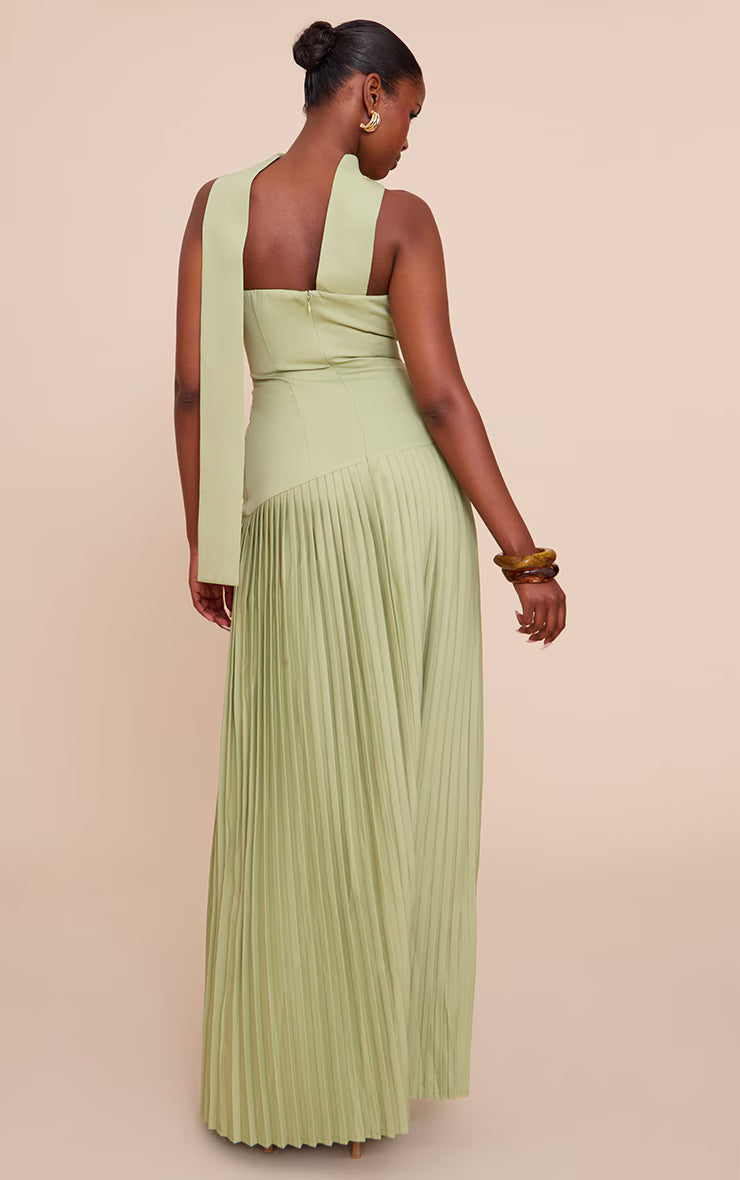 Sage Green Woven Asymmetric Pleated Maxi Dress