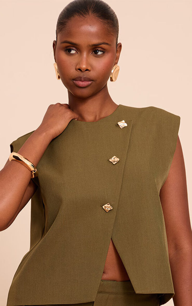 Khaki Gold Trim Oversized Vest