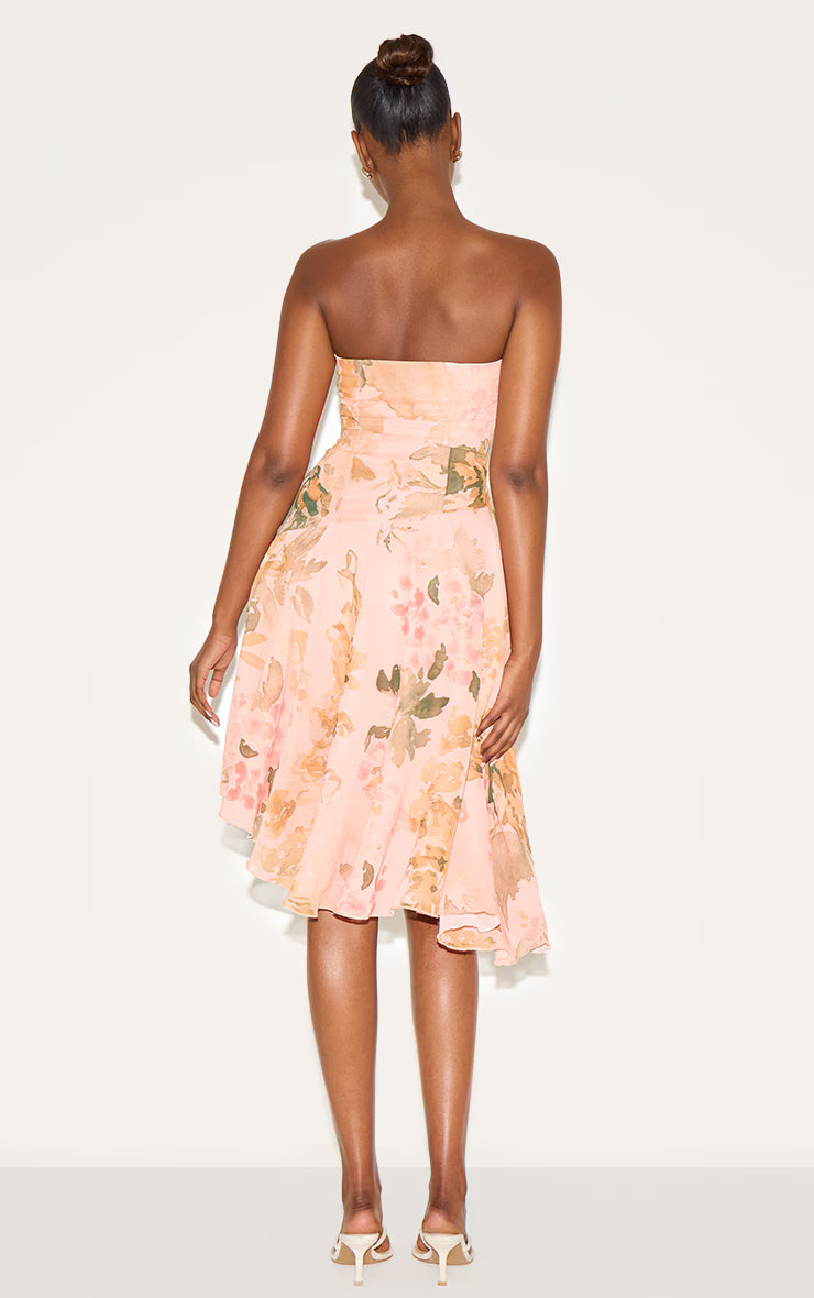 Pink Bandeau Printed Asymmetric Hem Midi Dress