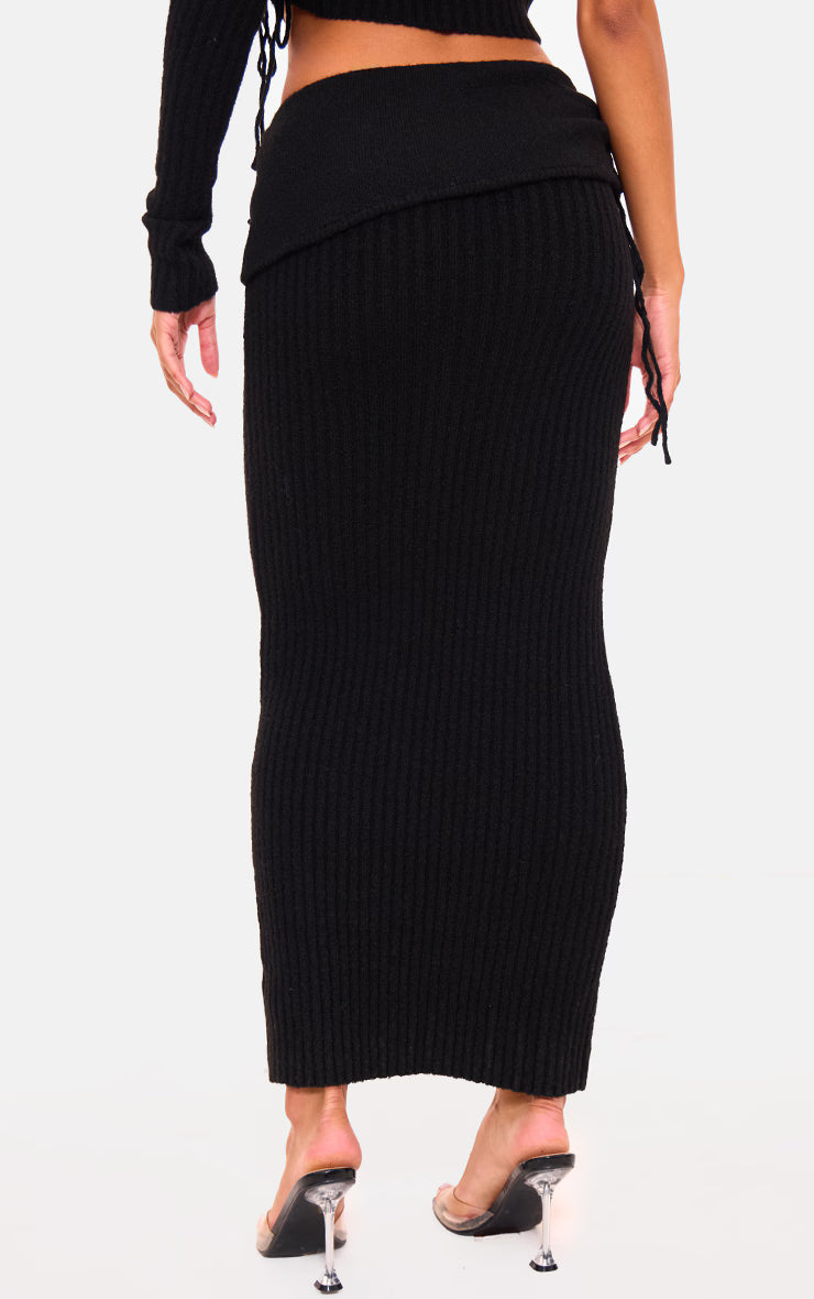 Black Ribbed Knit Ruched Fold Over Maxi Skirt