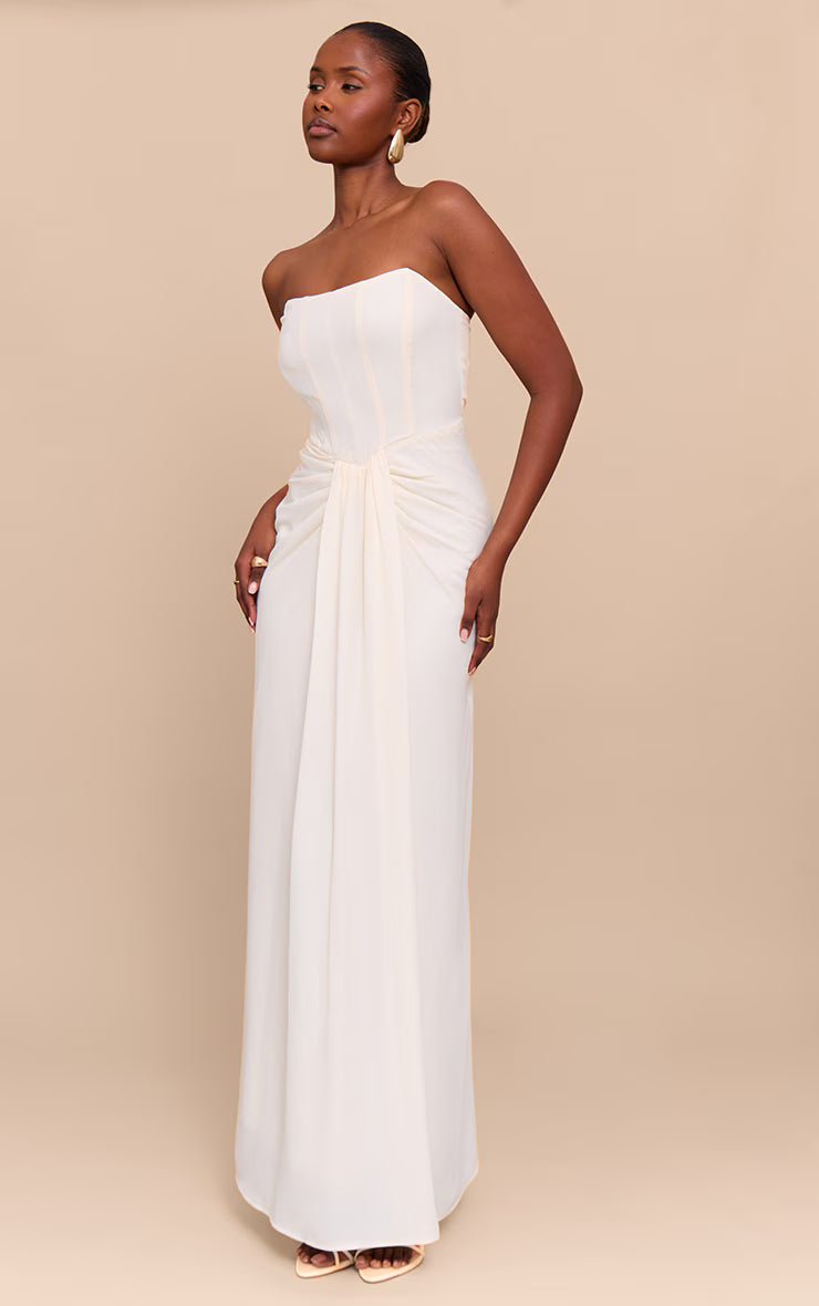Cream Bandeau Corset Drape Detail Maxi Dress