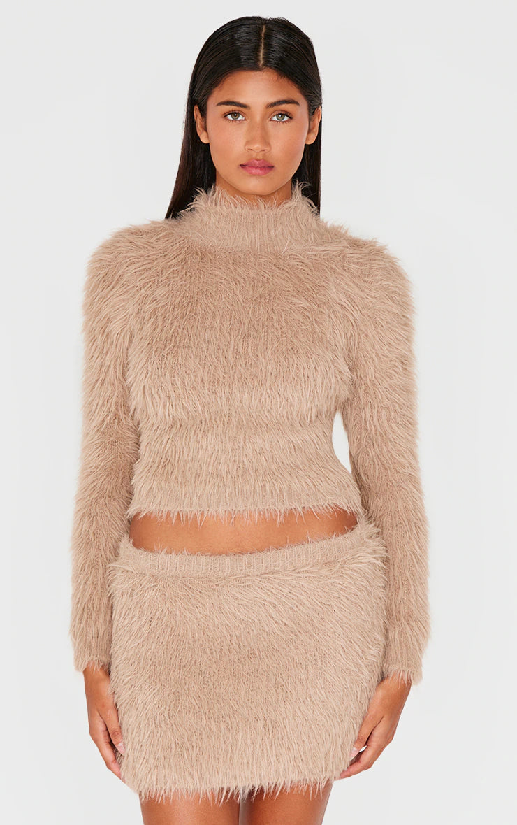 Mocha Fluffy Knit Micro Mini Skirt