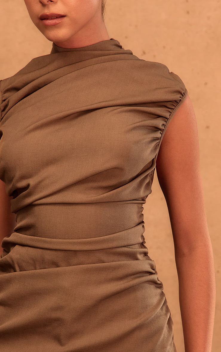 PLT Label Dark Taupe Tailored Extreme Ruched Asymmetric Top
