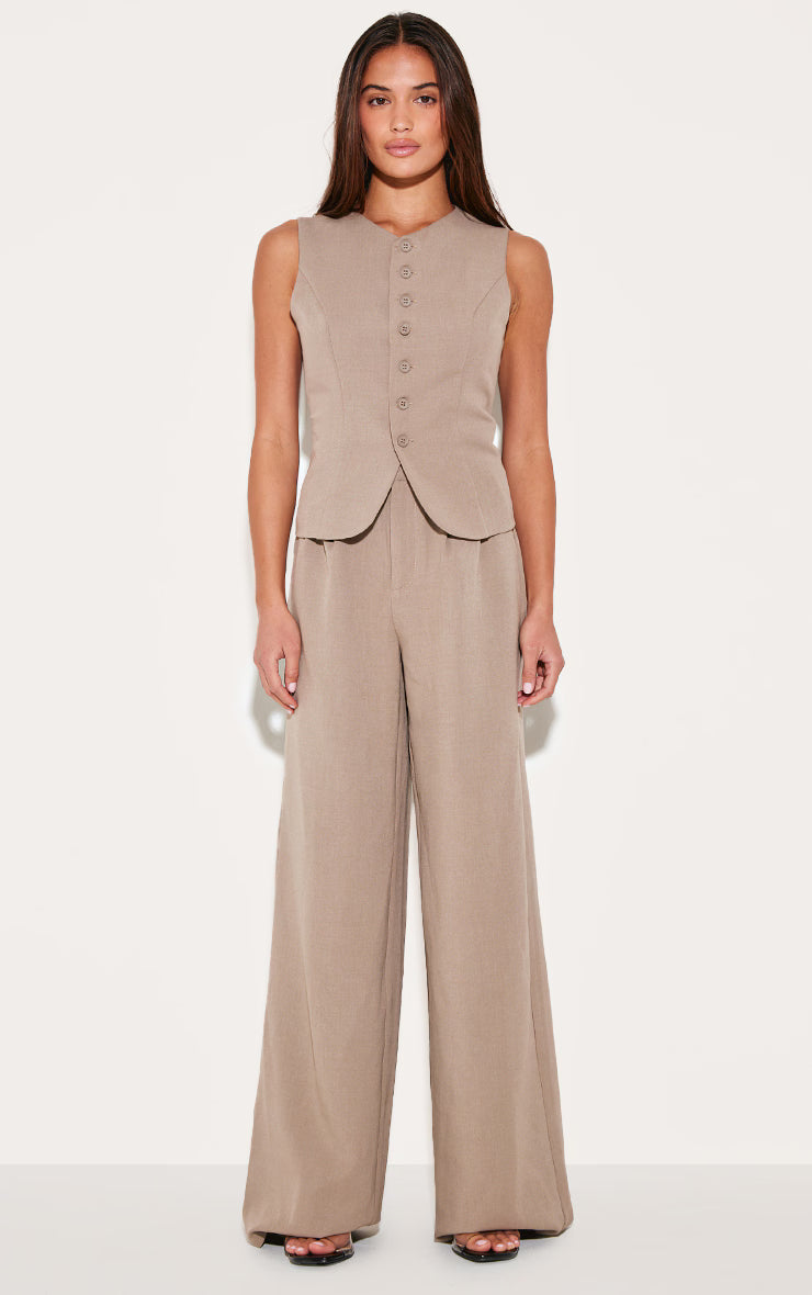 Taupe Tailored Tie Detail Woven Wide Leg Pants