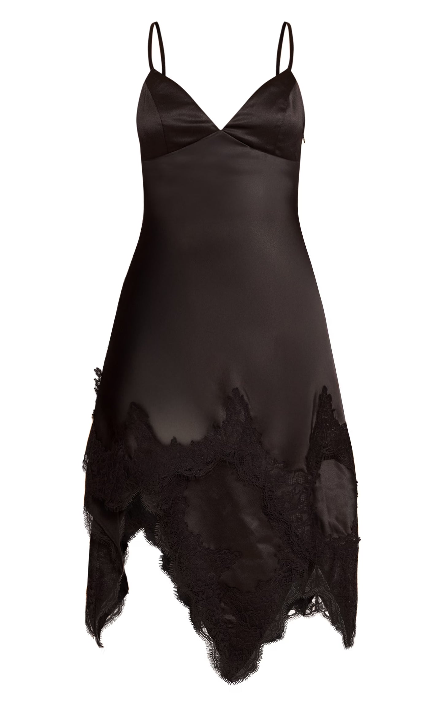 Black Satin Lace Trim Detail Mini Dress