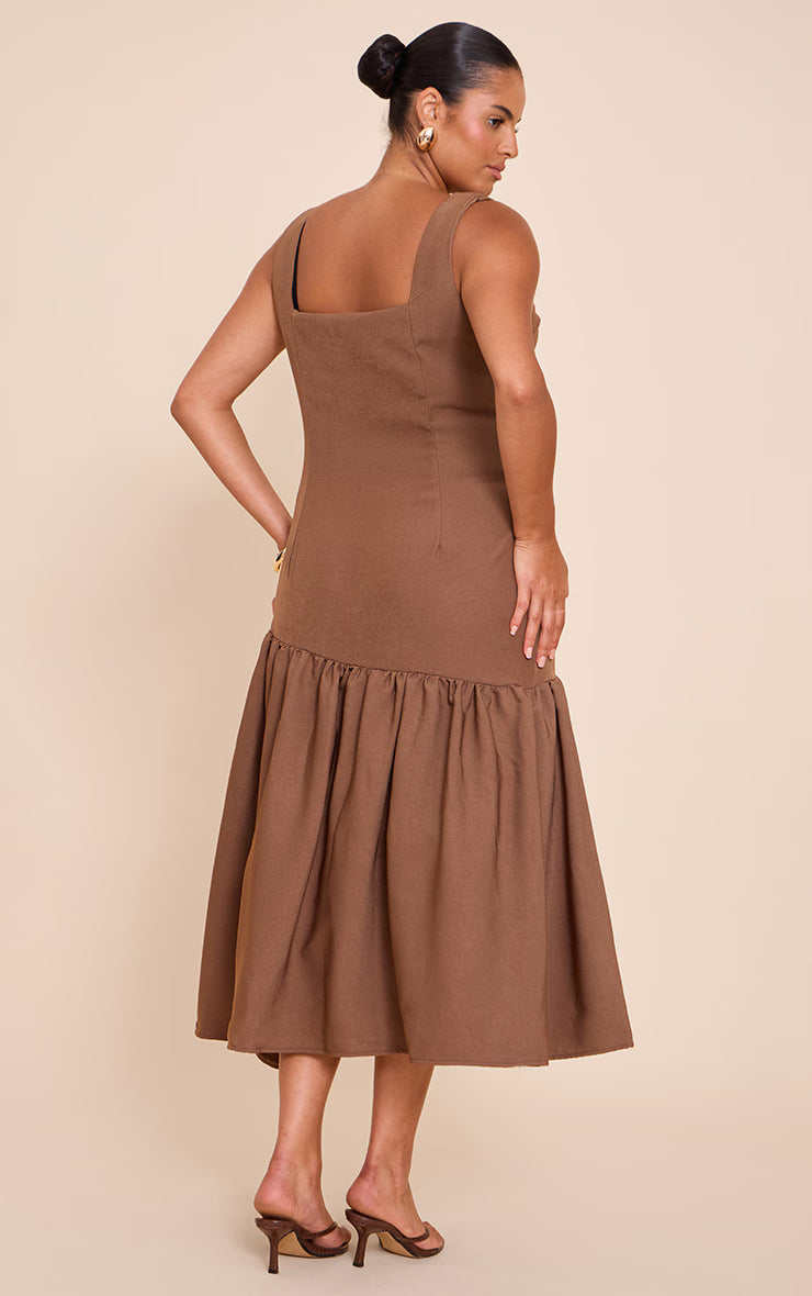 Plus Mocha Pleated Hem Square Neck Midaxi Dress