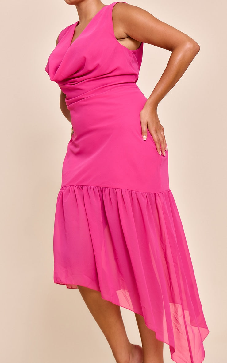 Plus Fuschia Chiffon Drape Detail Asymmetric Midaxi Dress