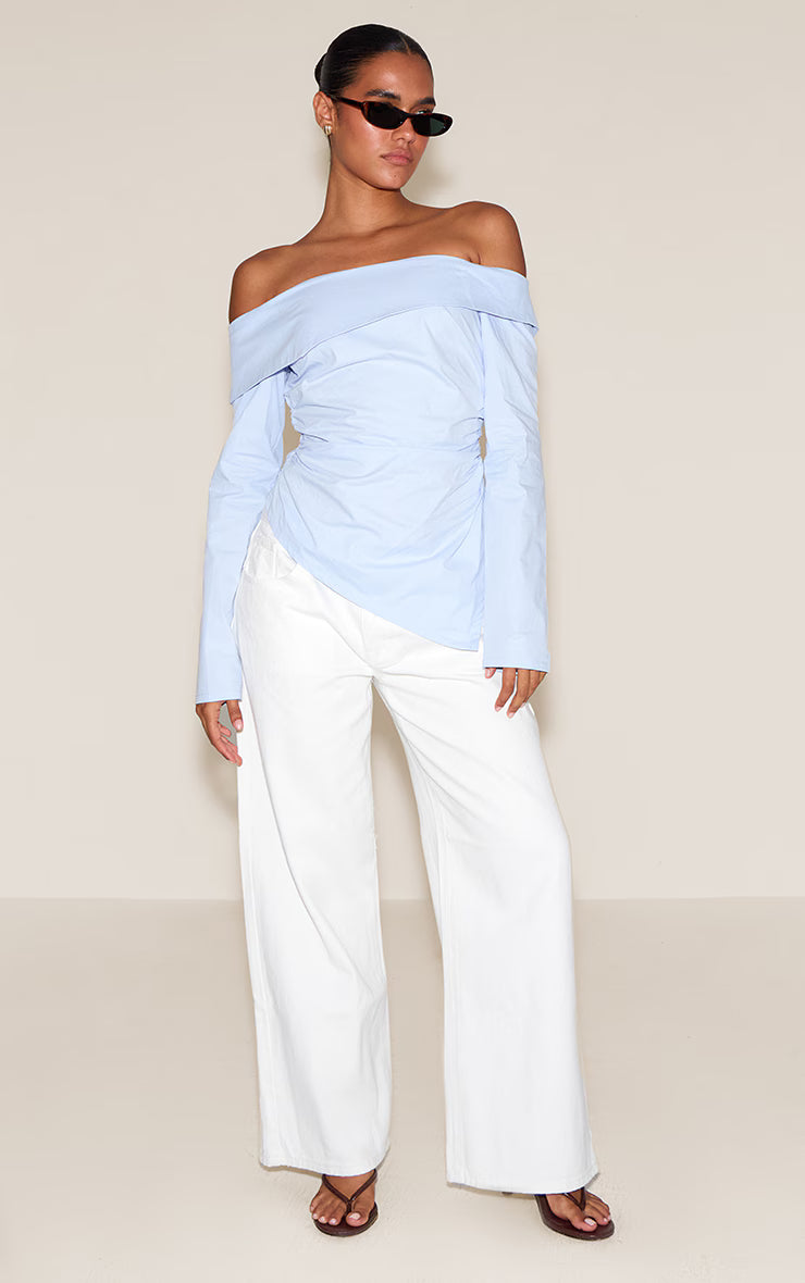 Sky Blue Cotton Ruched Asymmetric Hem Bardot Top