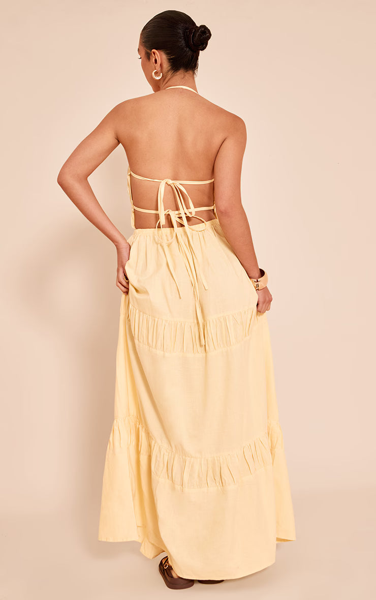 Lemon Ruched Backless Strappy Maxi Dress