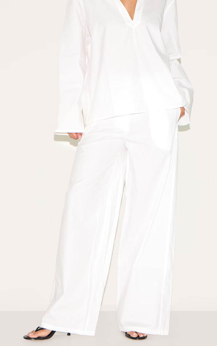 White Cotton Poplin Mid Rise Wide Leg Pants
