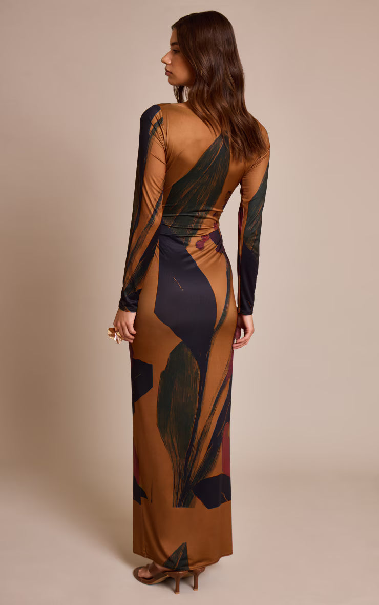 Dark Chocolate Floral Printed Slinky Long Sleeve Maxi Dress