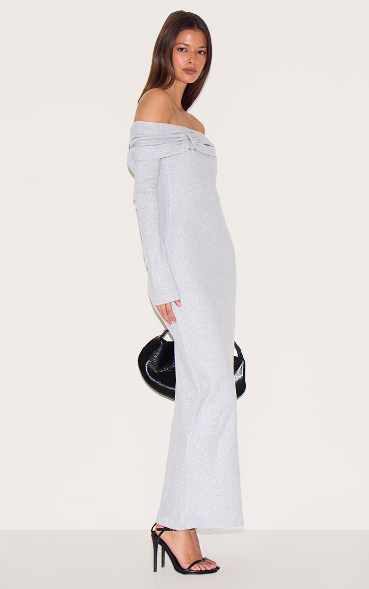 Ash Grey Heavy Brushed Rib Bardot Trim Maxi Dress