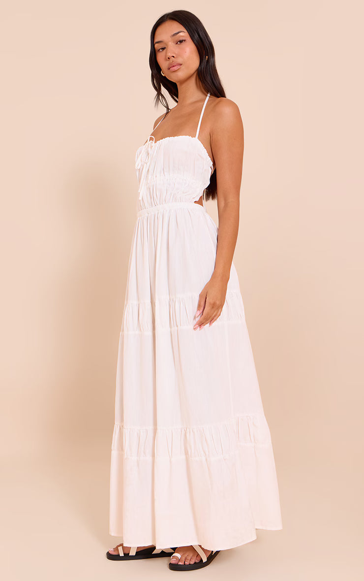 White Ruched Backless Strappy Maxi Dress