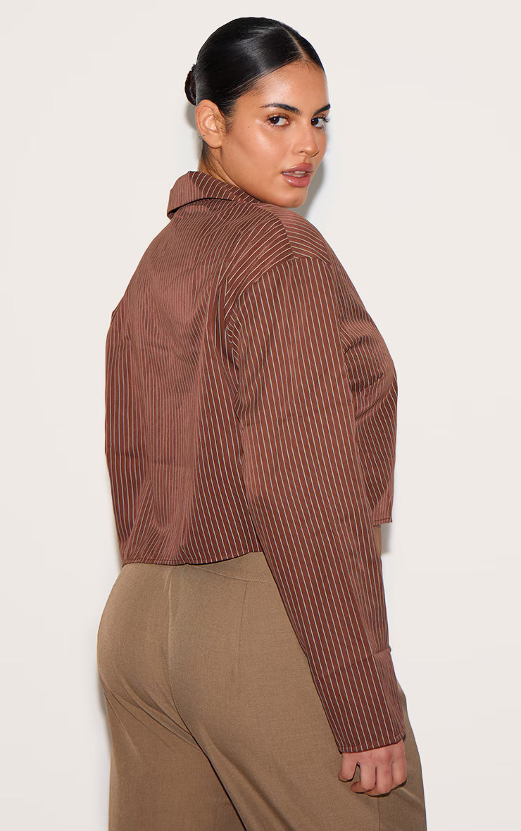 Plus Brown Faux Suede Cropped Striped Shirt