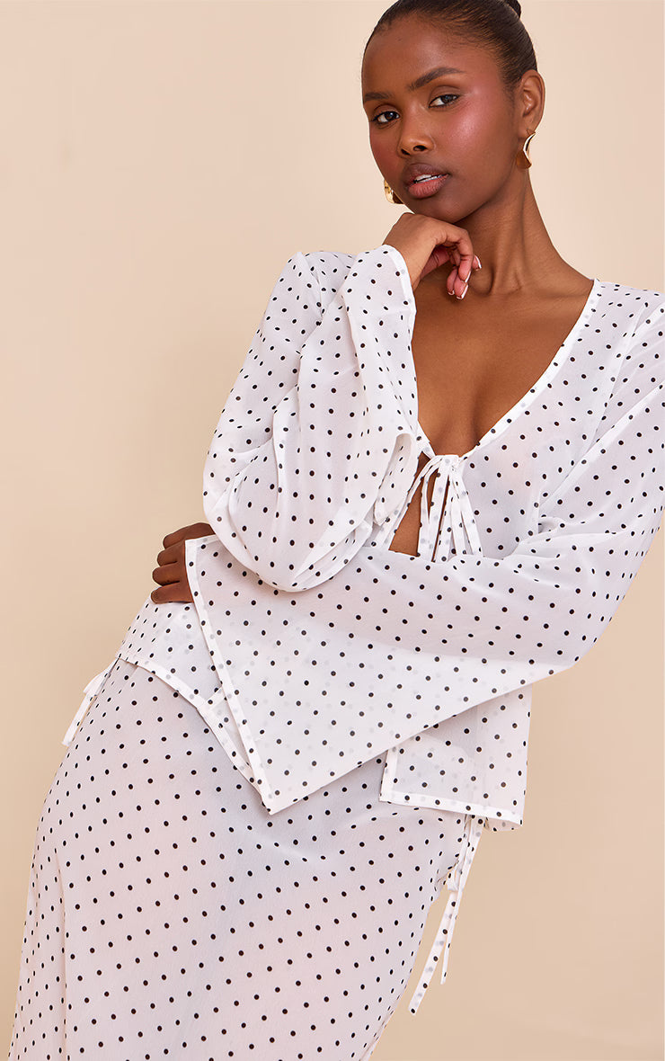White Sheer Polka Dot Long Sleeve Button Up Top