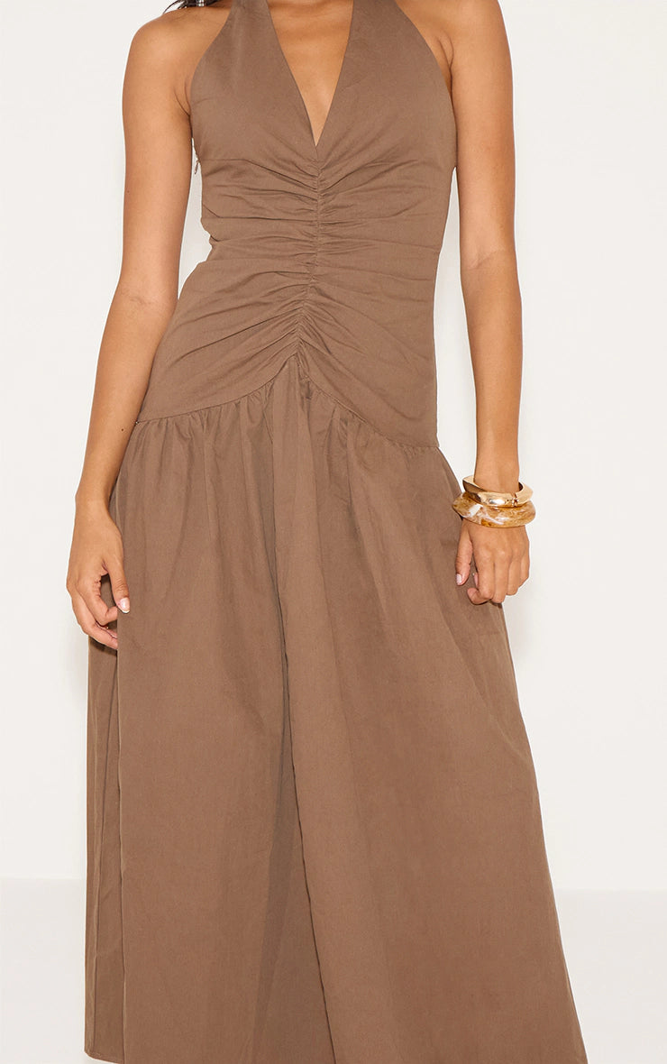 Chocolate Woven Ruched Detail Maxi Dress
