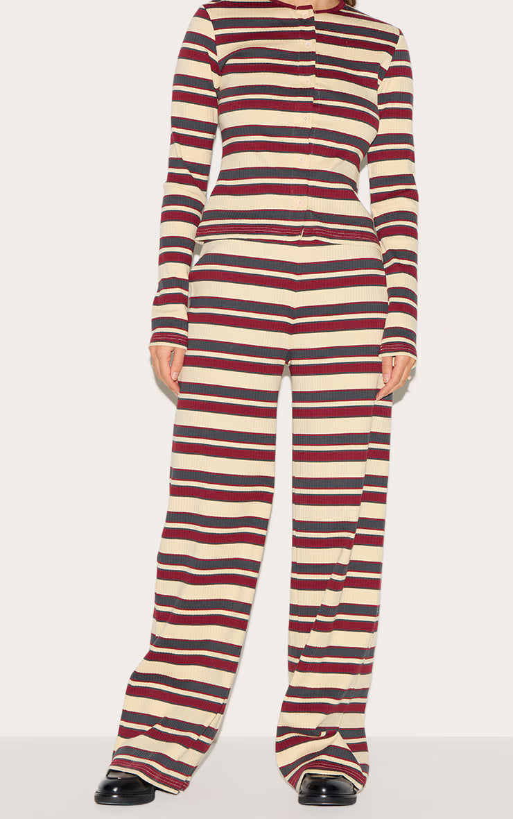 Burgundy Striped Mid Rise Ribbed Straight Leg Pants