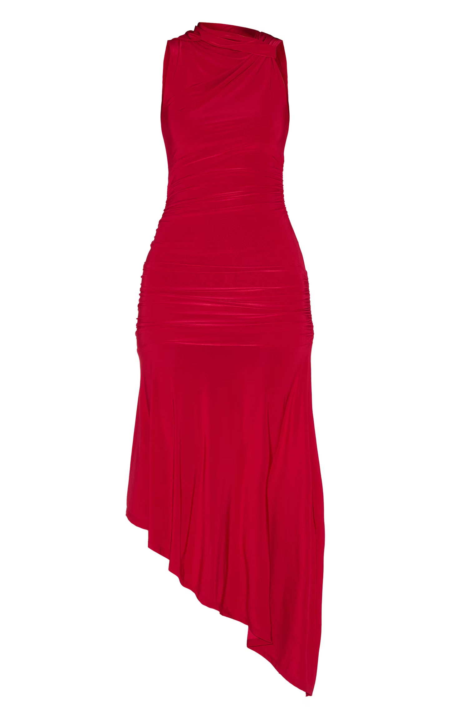 Red Double Layer Slinky Asymmetrical Ruched Midaxi Dress