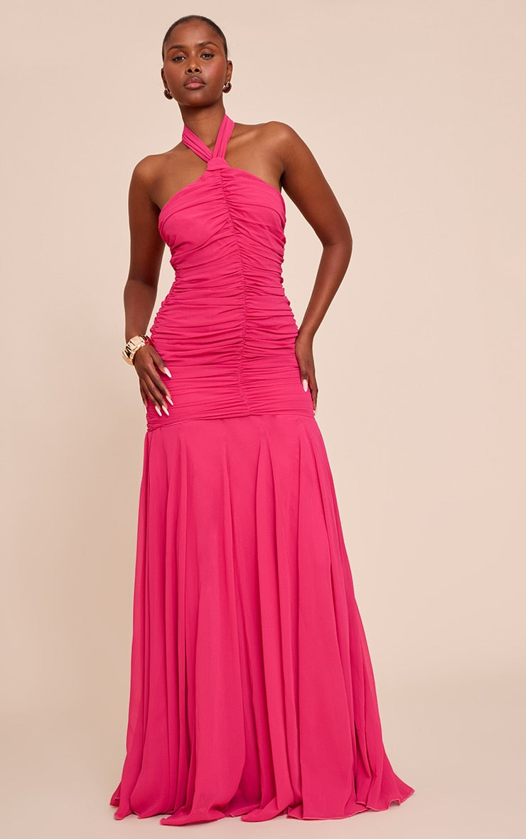 Fuschia Chiffon Halterneck Ruched Dropped Waist Maxi Dress