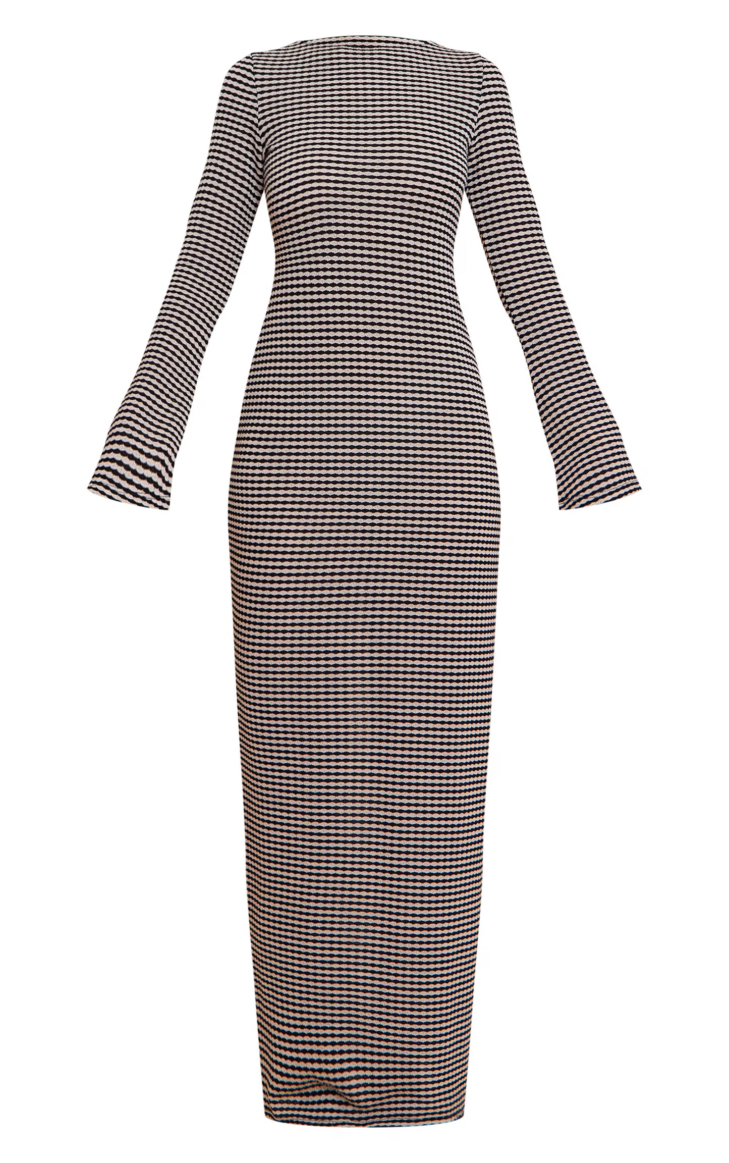 Black Monochrome Textured Scoop Back Long Sleeve Maxi Dress