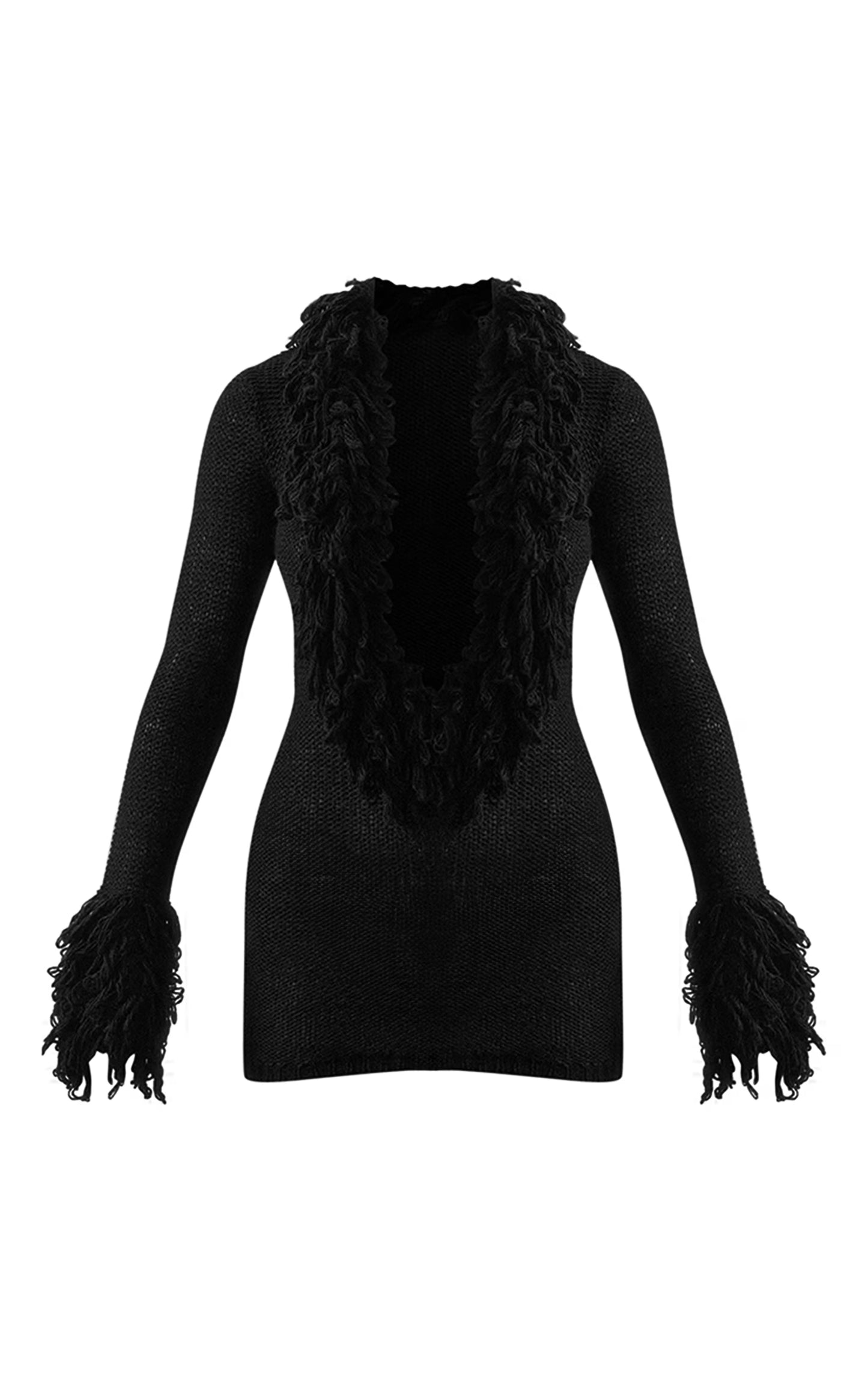PLT Label Black Knitted Plunge Looped Mini Dress