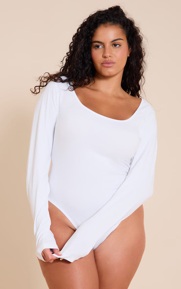 Plus White Soft Cotton Scoop Neck Long Sleeve Bodysuit