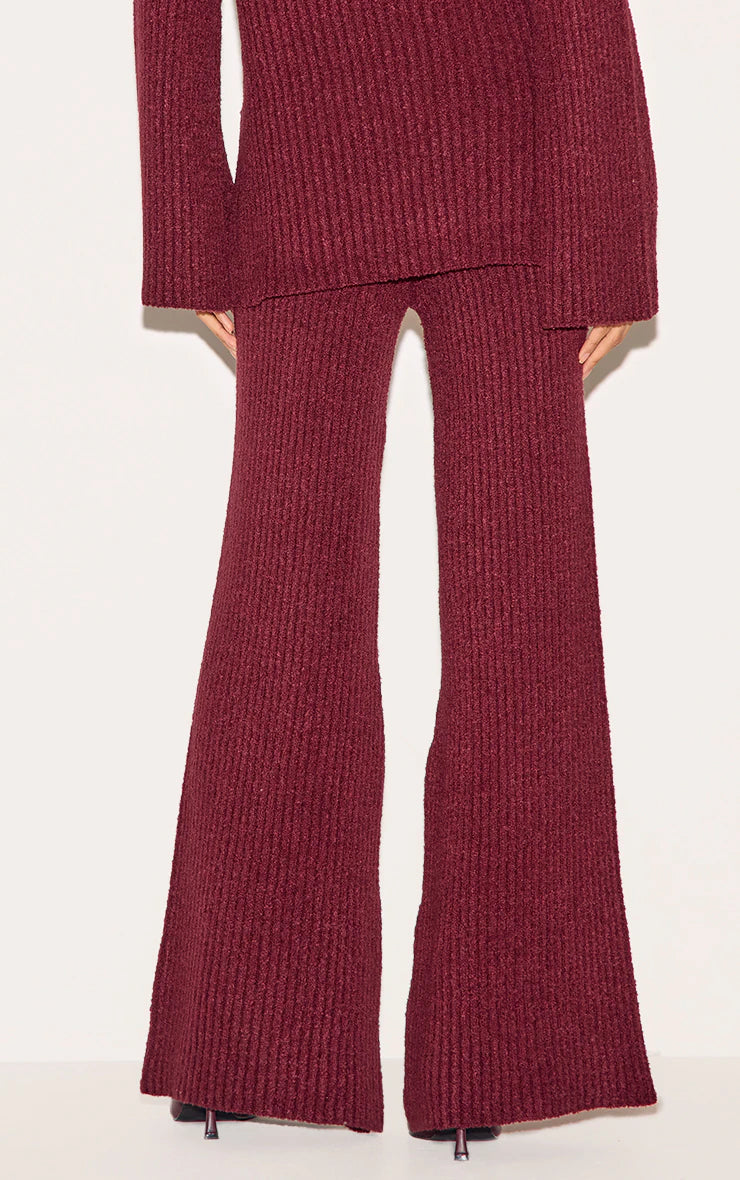 Burgundy Rib Boucle Knit Wide Leg Pants