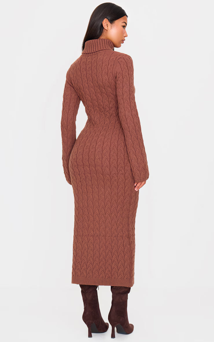 Cappuccino Chunky Cable Knit Roll Neck Maxi Sweater Dress