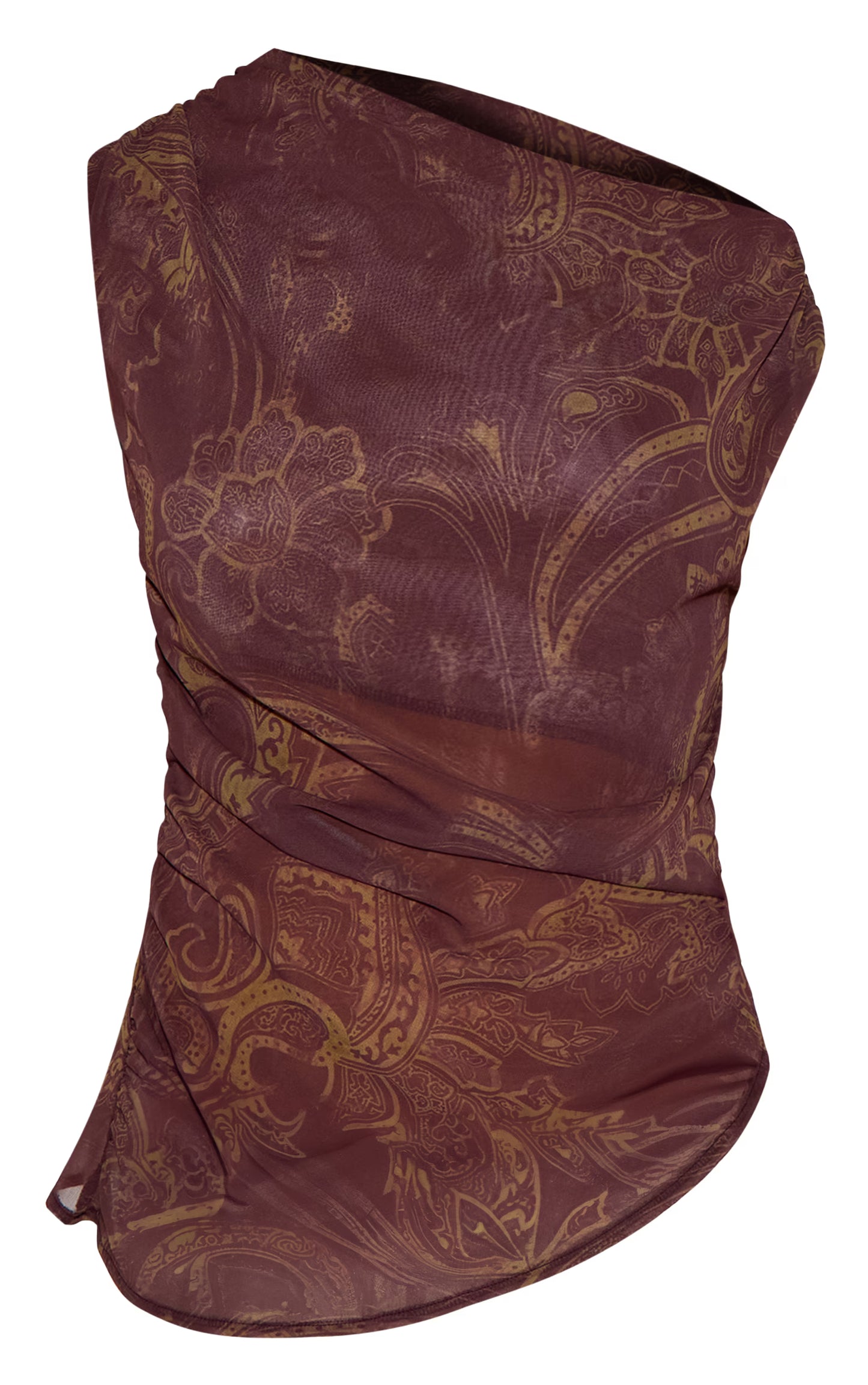 Brown Paisley Printed Chiffon Asymmetric Hem Long Top