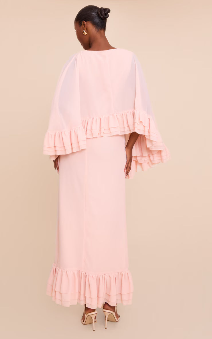 Blush Chiffon Extreme Overlay Frill Detail Maxi Dress