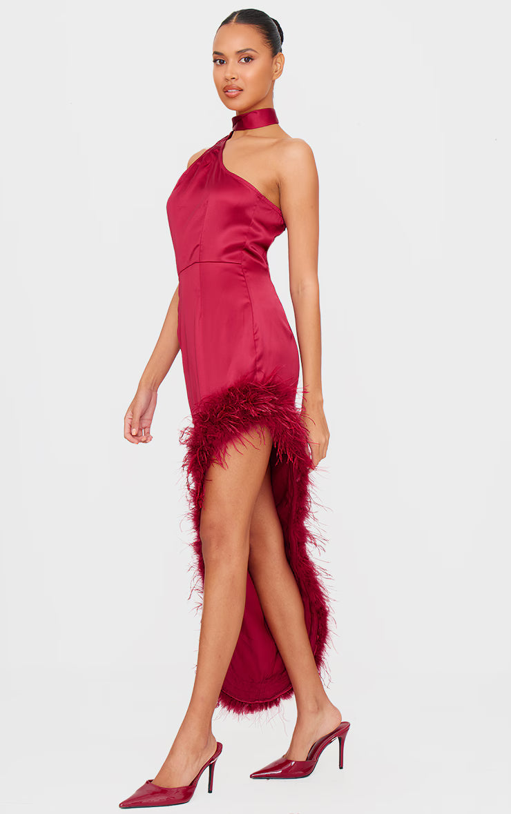 Red Satin High Neck Feather Trim Maxi Dress