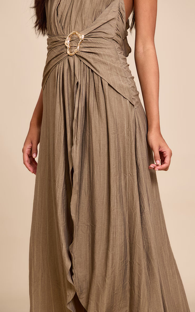 Olive Textured Plunge Trim Detail Maxi Dress