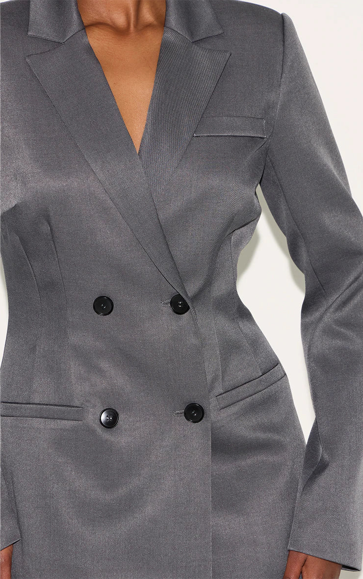Charcoal Tailored Long Sleeve Cinched Waist Blazer Dress