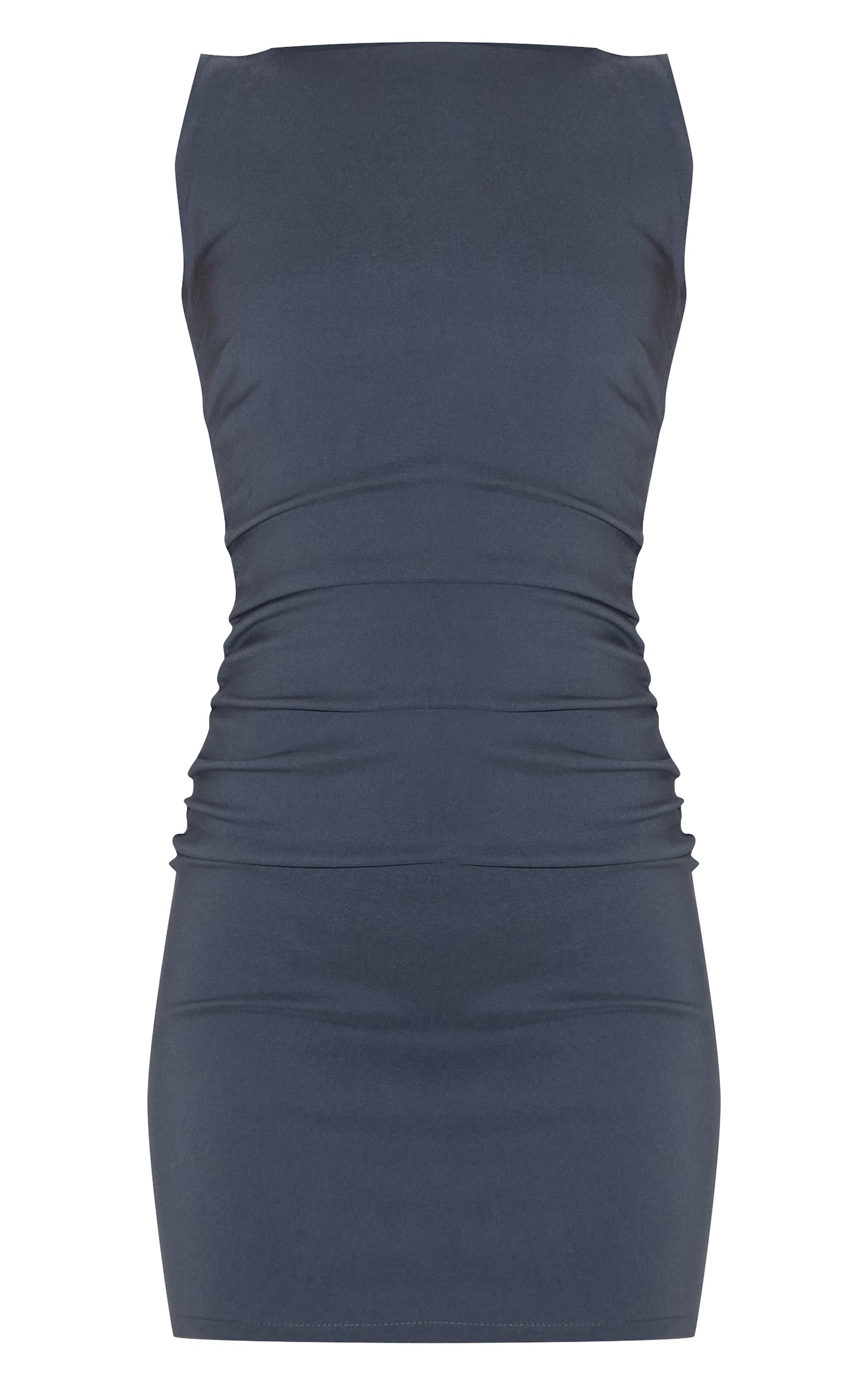 Charcoal Stretch Woven Boat Neck Ruched Detail Bodycon Dress