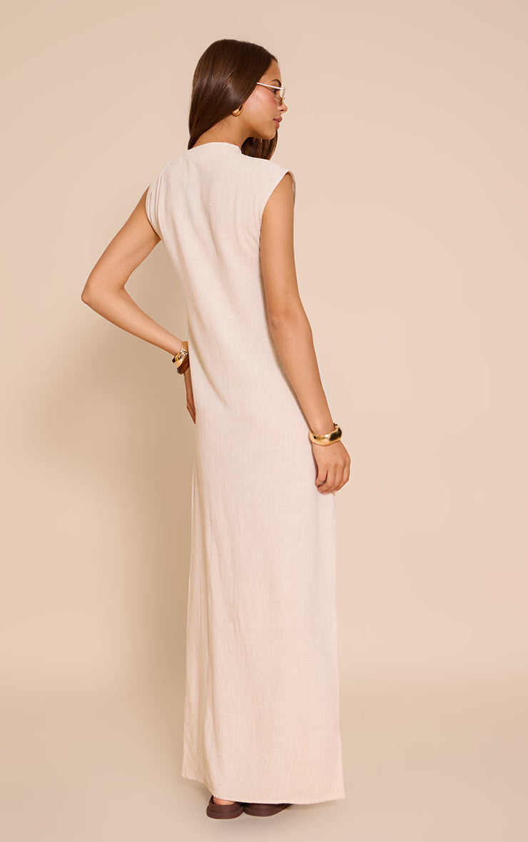 Natural Linen Look Sleeveless Drape Neck Detail Maxi Dress