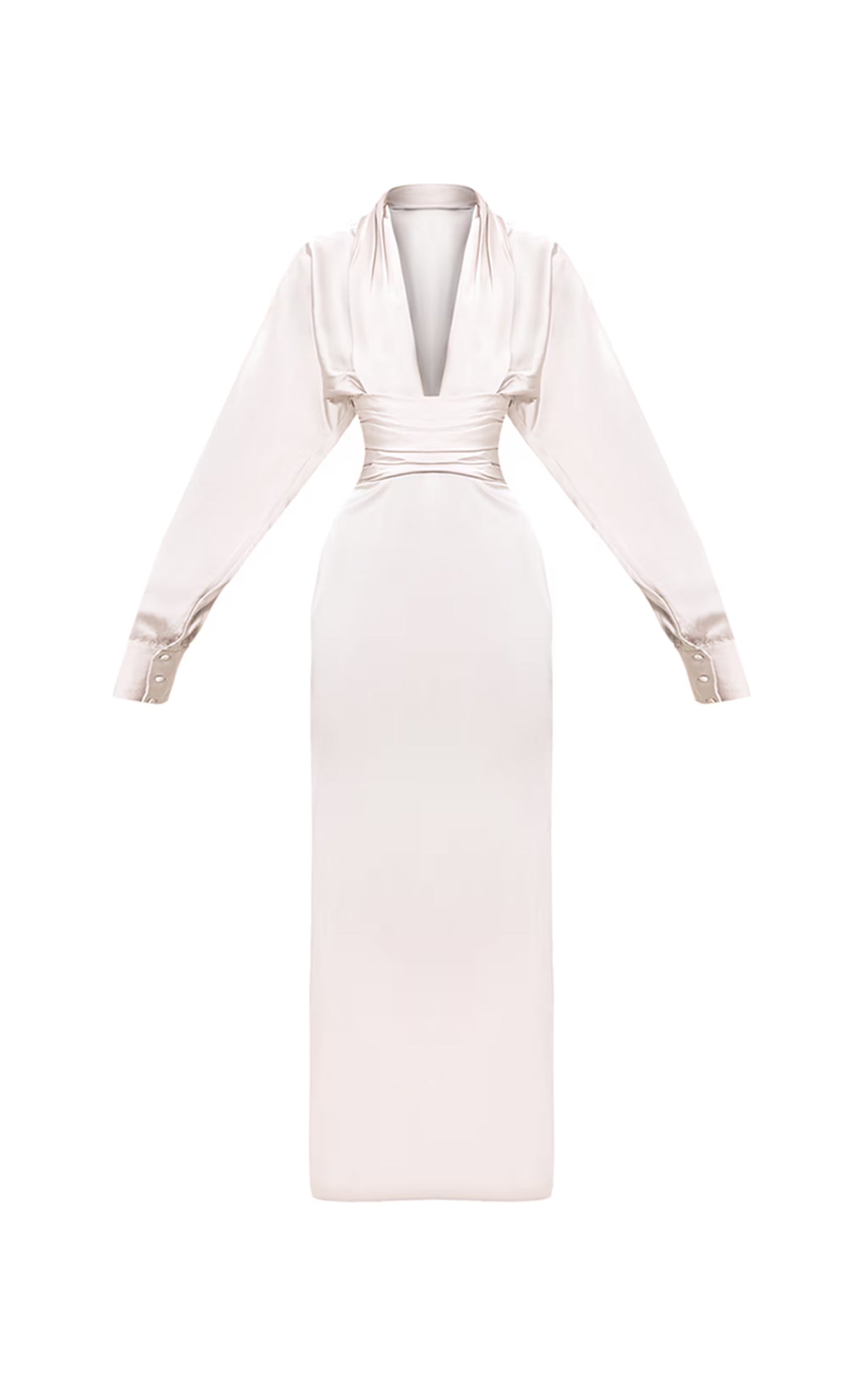 PLT Label Oyster Satin Long Sleeve Plunge Maxi Dress