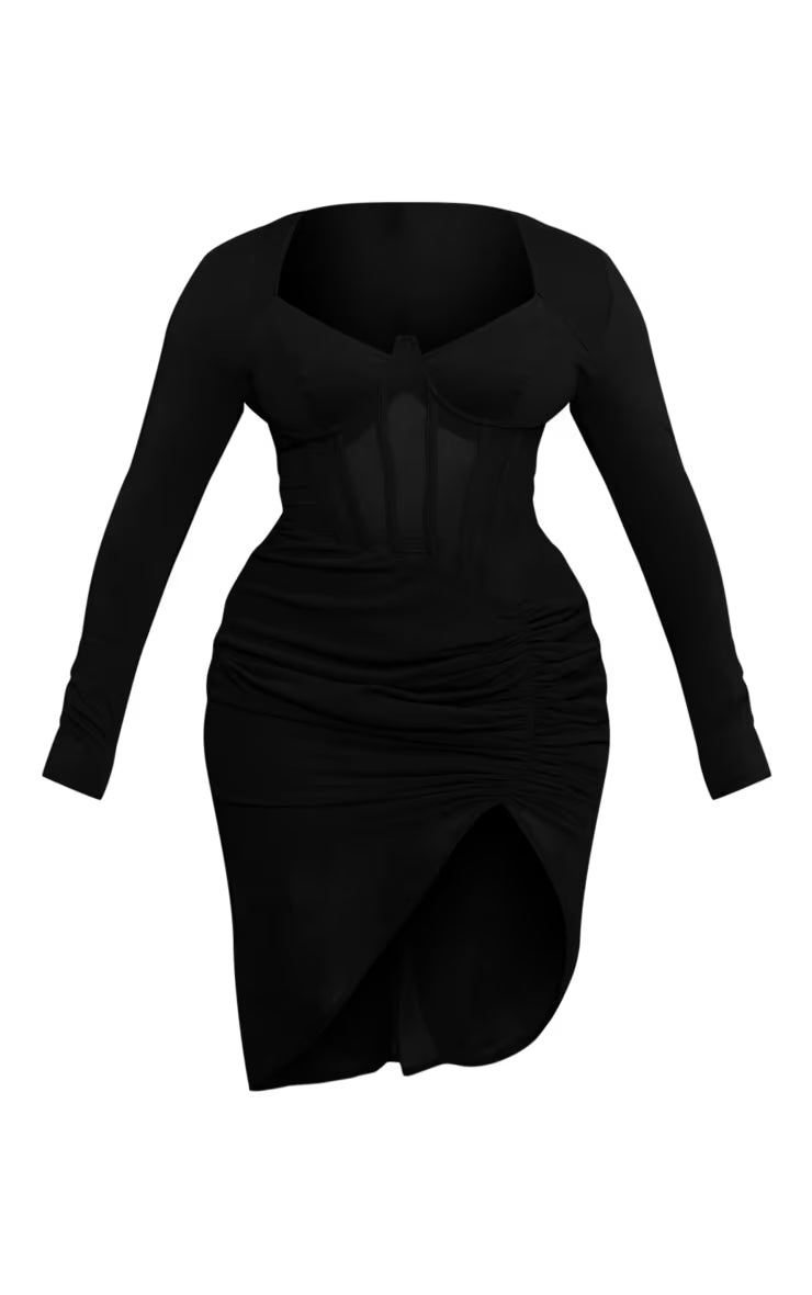 Shape Black Corset Detail Long Sleeve Ruched Midi Dress
