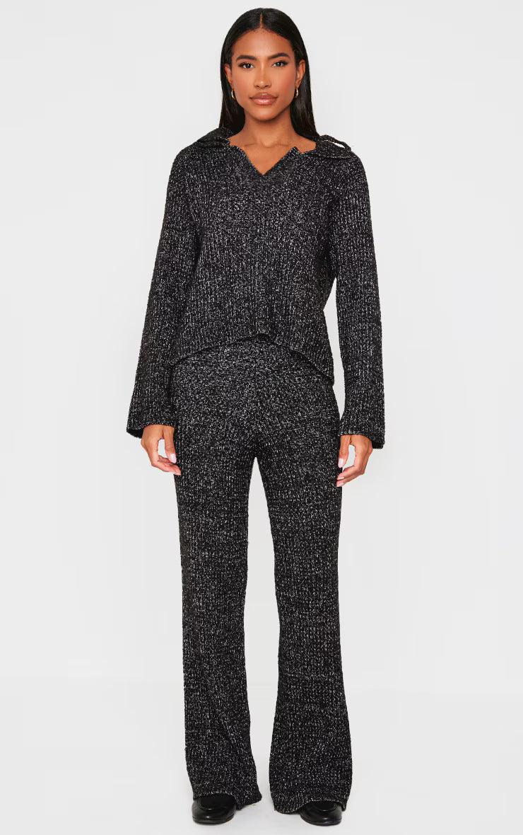 Black Marl Knit V Neck Oversized Sweater