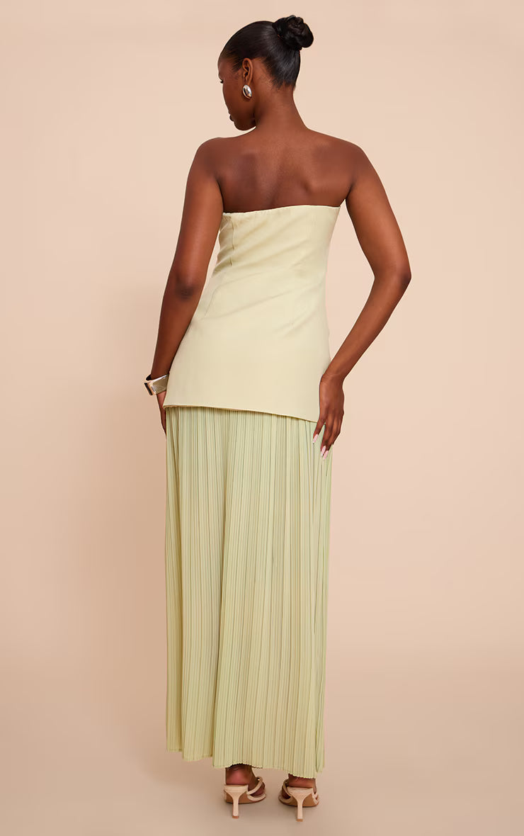 Sage Green Chiffon Pleated Skirt Panel Bandeau Maxi Dress
