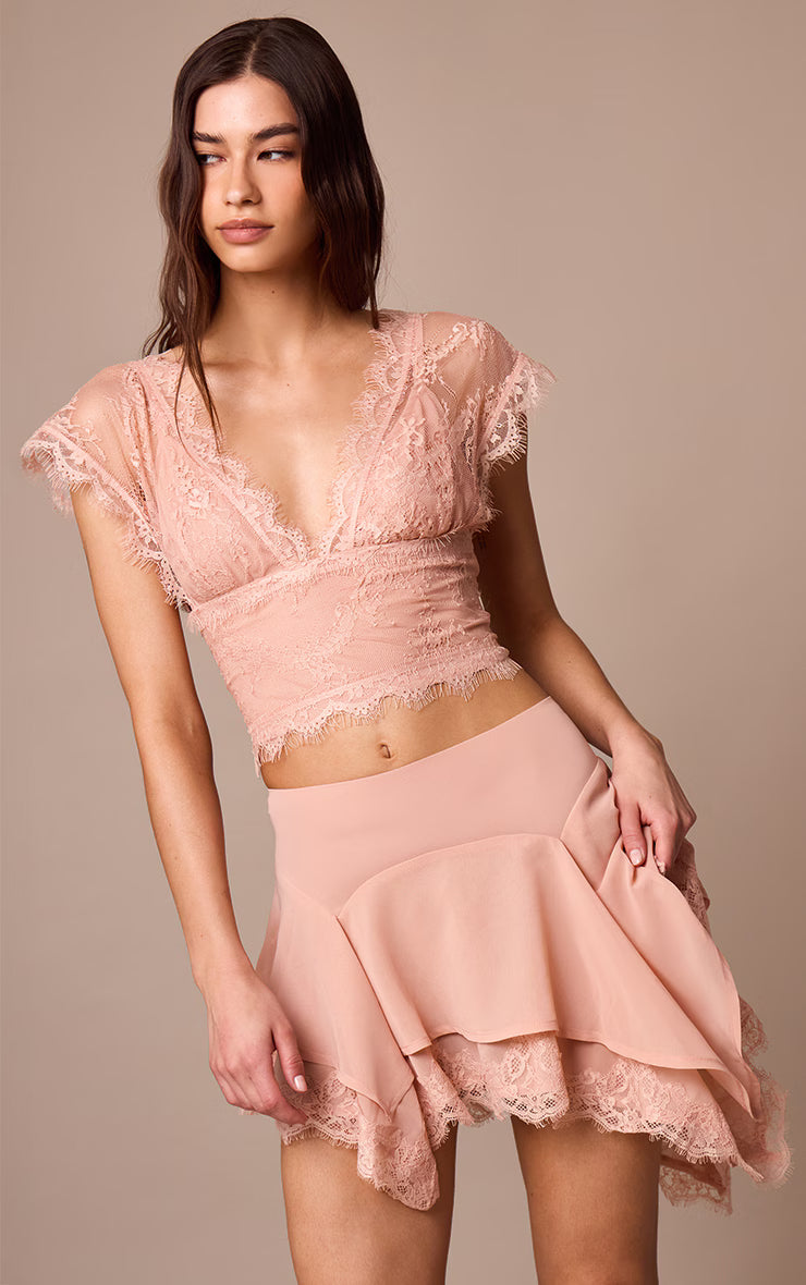 Apricot Chiffon Layered Lace Detail Mini Skirt