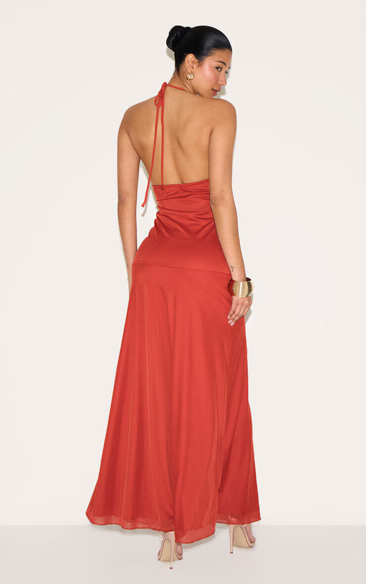 Rust Ruched Detail Strappy Maxi Dress