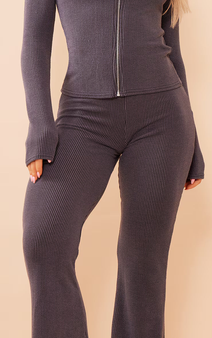 Charcoal Two Tone Rib High Waist Flares