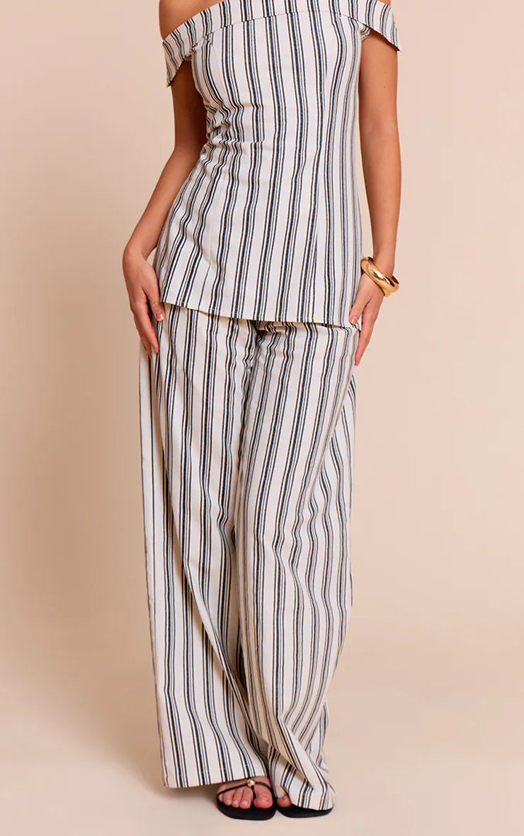 Natural Textured Stripe Tailored Wide Leg Pants
