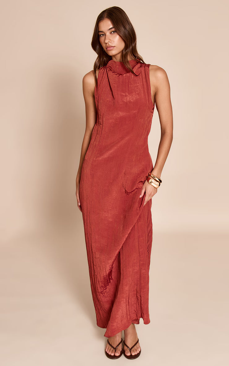 Rust Textured Ruched Maxi Dress