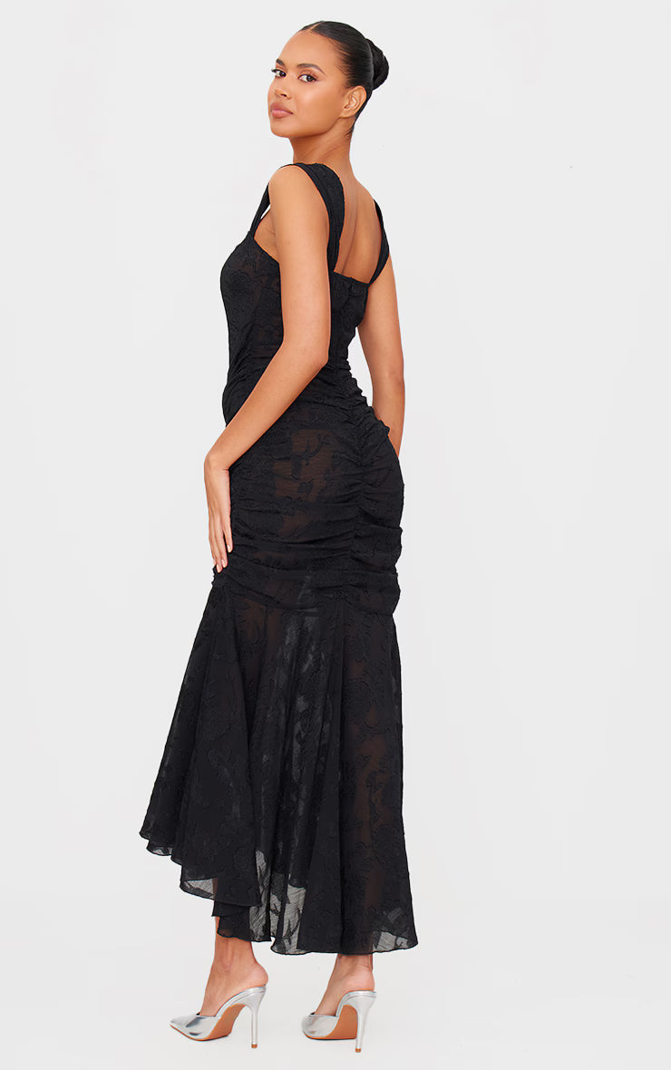 Black Burnout Side Ruched Midi Dress