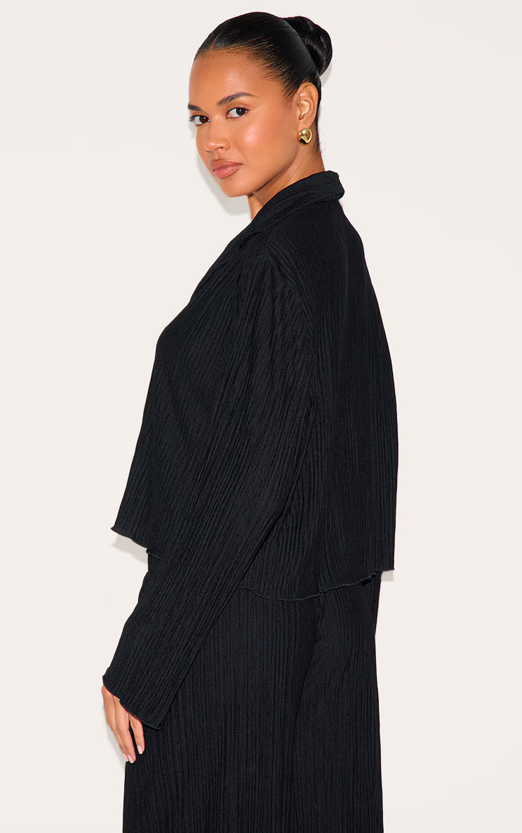 Black Textured Pleated Button Front Shirt