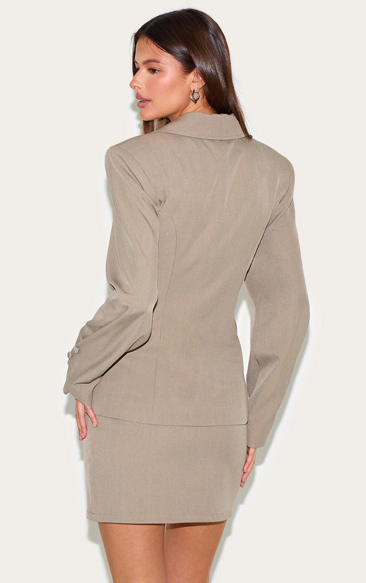 Mushroom Woven Cinched Waist Fitted Blazer