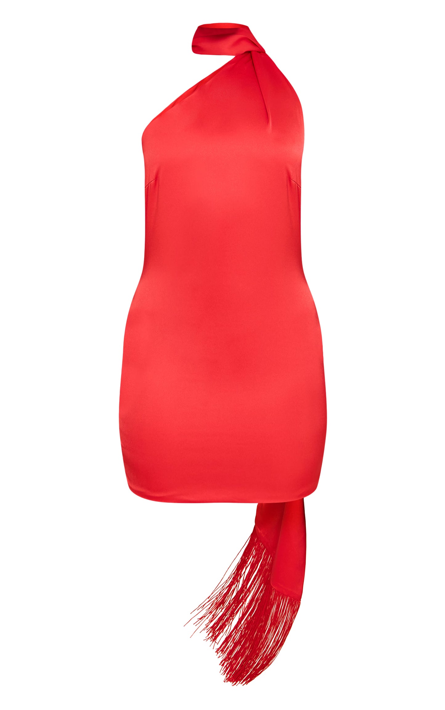 Red Satin Wrap Fringe Detail Mini Dress